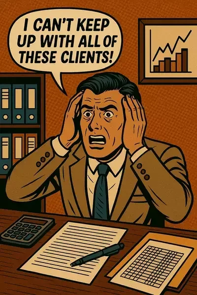 This image shows a comic book-style illustration of a stressed accountant at a desk, holding his head with both hands, with a speech bubble saying, "I can't keep up with all of these clients!"