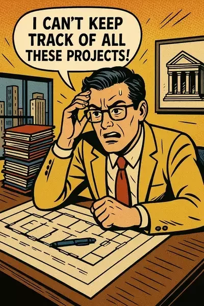 This image shows a comic-style illustration of a stressed architect at his desk, surrounded by blueprints and files, saying, "I can't keep track of all these projects!"