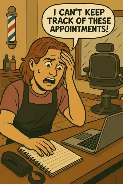 This image shows a stressed barber holding their head while looking at a laptop and notebook, saying “I can’t keep track of these appointments!”