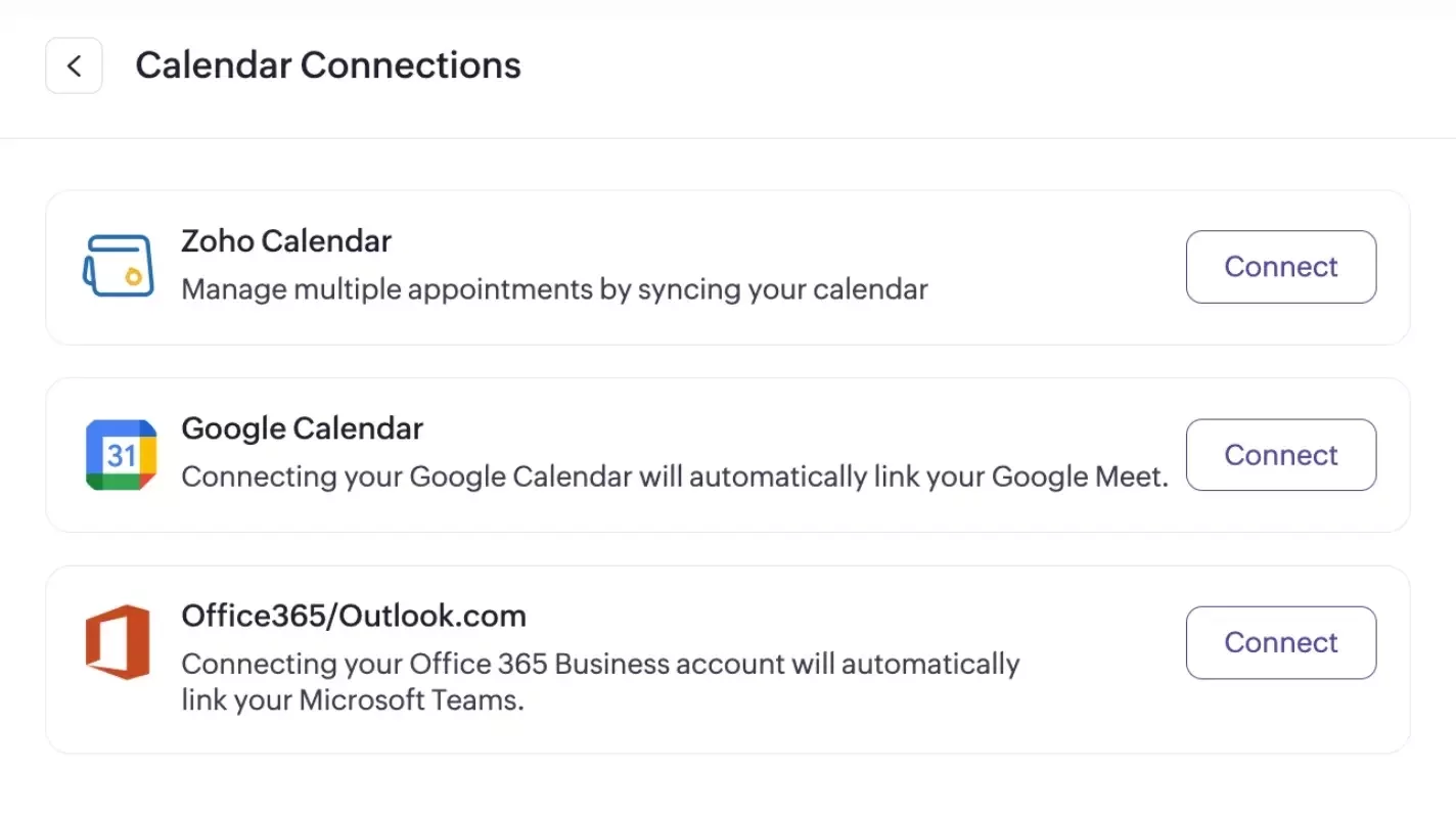 Calendar Connections panel showing options to sync appointments with Zoho Calendar, Google Calendar, and Office365/Outlook.com, each with a “Connect” button.