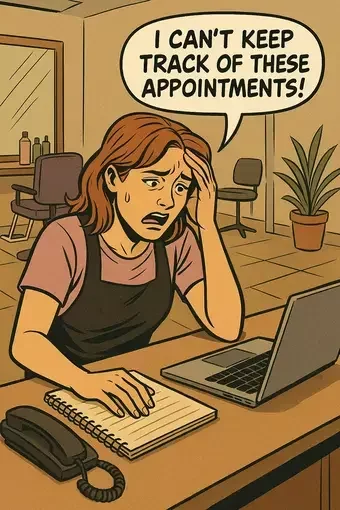 Comic-style illustration of a stressed salon receptionist seated at her desk, clutching her forehead as she looks at an open notebook and laptop, with a speech bubble above her head reading “I CAN’T KEEP TRACK OF THESE APPOINTMENTS!” against a warmly lit salon backdrop.