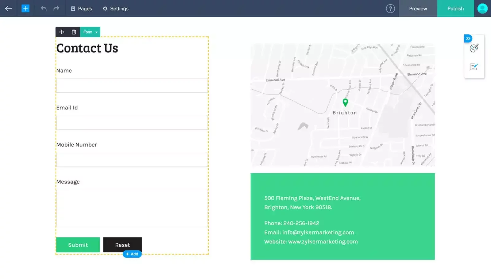 Screenshot of a website builder editing a “Contact Us” section: on the left, a dashed-outline form with fields for Name, Email Id, Mobile Number, and Message plus Submit and Reset buttons; on the right, a map centered on Brighton and a green contact info panel listing an address, phone number, email, and website.