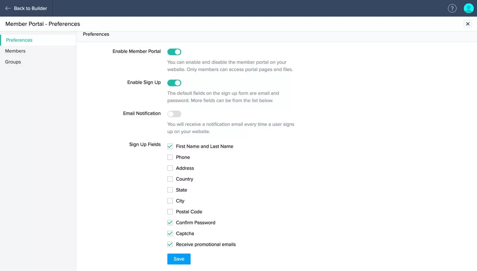 Member Portal Preferences panel showing toggles to Enable Member Portal (on), Enable Sign Up (on), and Email Notification (off), followed by Sign Up Fields with checkboxes: First Name & Last Name (checked), Phone, Address, Country, State, City, Postal Code (unchecked), Confirm Password (checked), Captcha (checked), and Receive Promotional Emails (checked), plus a blue Save button.