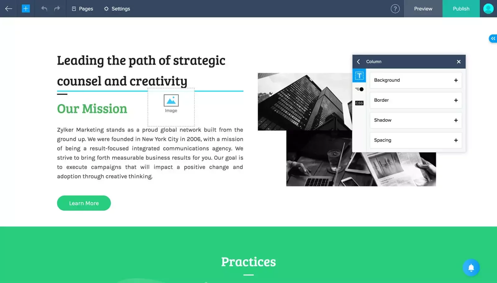 Screenshot of the Zoho Sites interface editing a “Our Mission” section: a headline reads “Leading the path of strategic counsel and creativity,” followed by a subheading “Our Mission” and a paragraph of placeholder text. A dashed placeholder box labeled “Image” sits beside a black-and-white photo of city buildings. A floating “Column” settings panel on the right lists “Background,” “Border,” “Shadow,” and “Spacing” options, with page navigation and “Preview”/“Publish” buttons visible in the top bar.