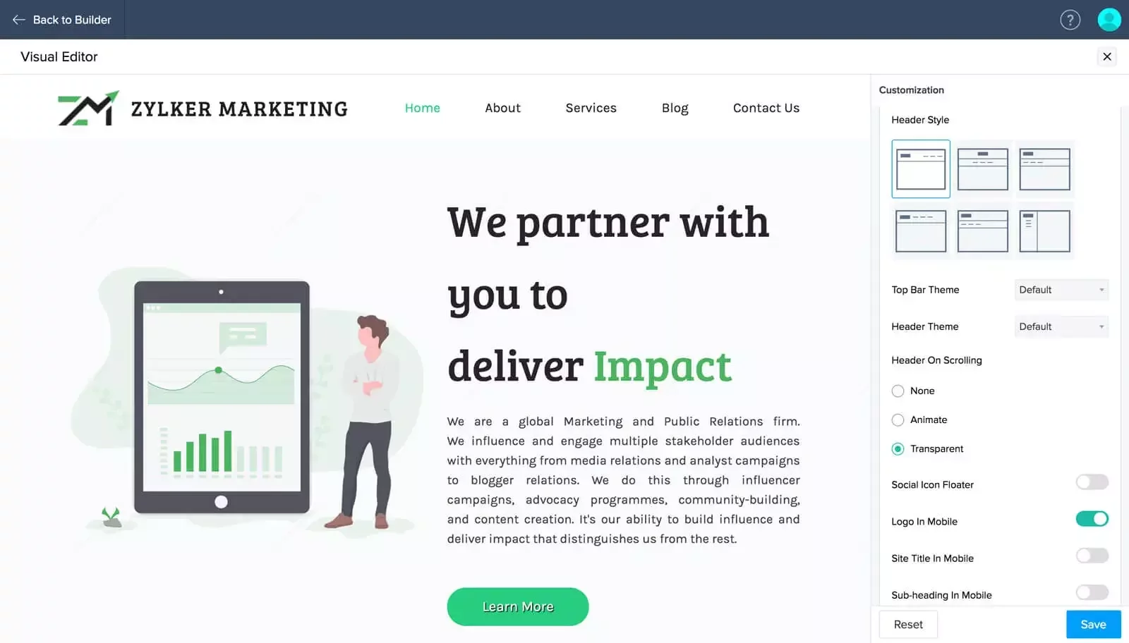 Visual editor interface showing a Zylker Marketing website in editing mode: the page displays a header with logo and navigation (Home, About, Services, Blog, Contact Us) above a hero section titled “We partner with you to deliver Impact” alongside an illustration of a person next to a tablet showing graphs. A right-side “Customisation” panel offers header style options, theme dropdowns, scroll behaviour toggles, and mobile display settings, with “Save” and “Reset” buttons at the bottom.