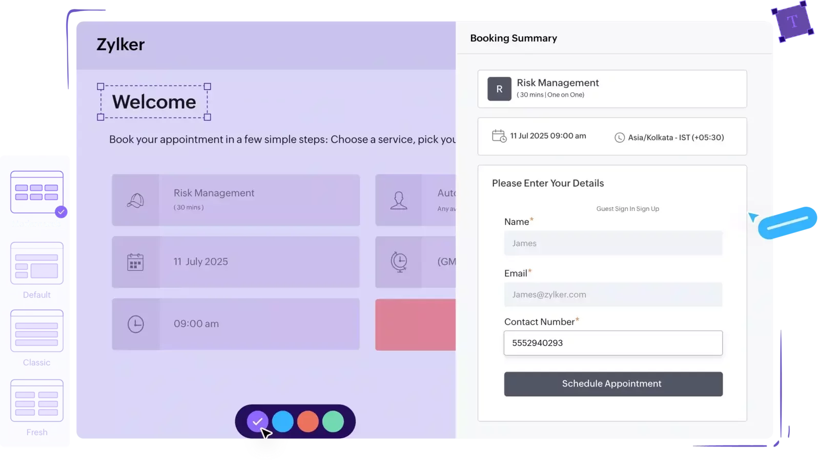 Screenshot of a salon booking interface split into two panels. On the left, a lavender-themed ‘Welcome’ screen shows steps to choose a service, date, and time, with a sidebar offering modern, default, classic, and fresh layout styles. On the right, a white “Booking Summary” panel displays the selected service, appointment date and time, and a form for guest details with a “Schedule Appointment” button.