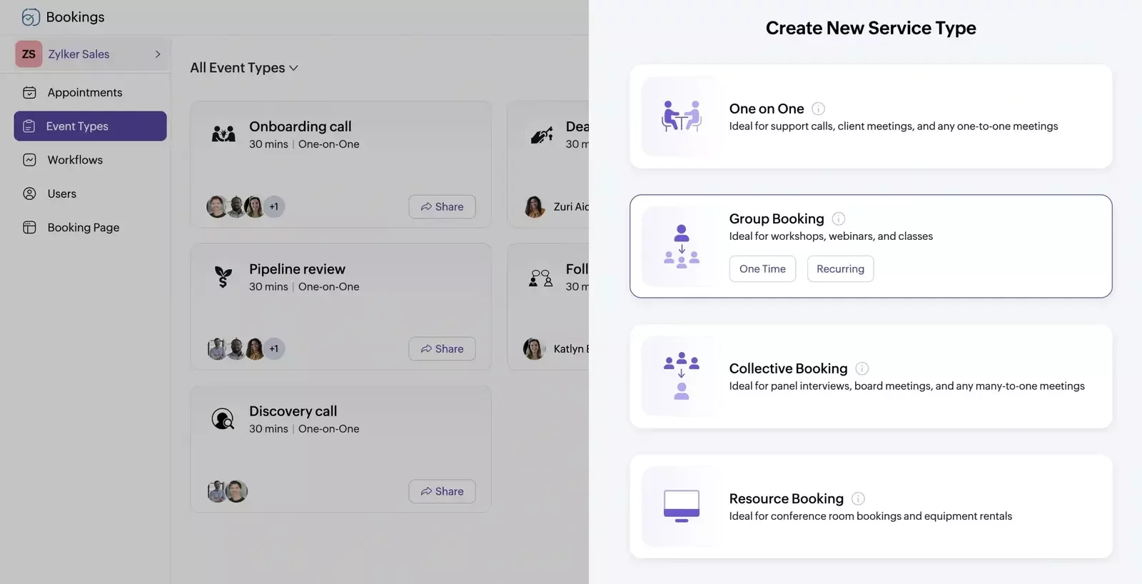Interface showing Zoho Bookings “Event Types” list on the left and a “Create New Service Type” panel on the right with options for One-on-One, Group Booking, Collective Booking, and Resource Booking.