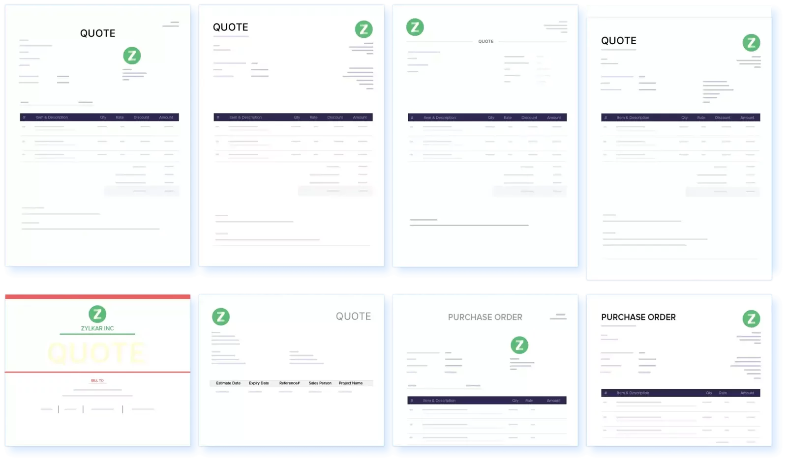 Thumbnails of eight Zoho Books document templates arranged in two rows: the top row shows four “Quote” templates with varying header layouts and brand logo placements, and the bottom row includes two additional “Quote” designs alongside two “Purchase Order” templates, each featuring different header styling, table formats, and logo positions.