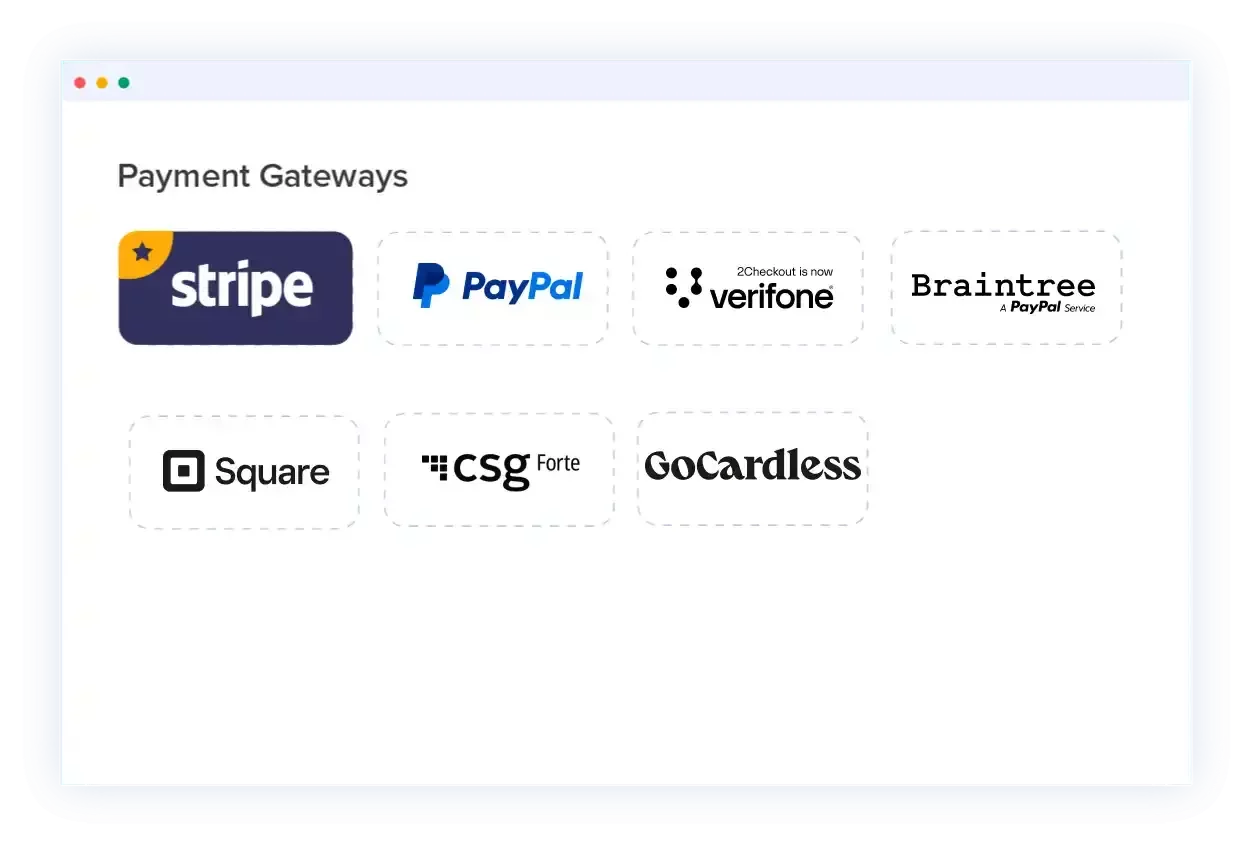 Payment Gateways section displaying logos for Stripe (highlighted), PayPal, Verifone (2Checkout), Braintree, Square, CSG Forte, and GoCardless.
