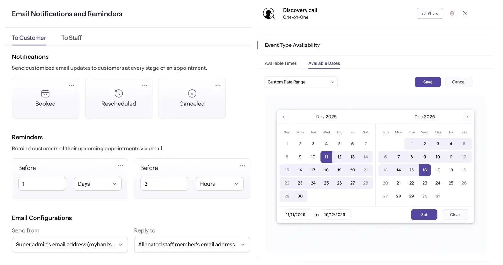 Email notifications setup with Booked, Rescheduled, Canceled cards, reminders, “Send from”/“Reply to” fields, and a “Discovery call” dual-month calendar with date picker and Save/Cancel.