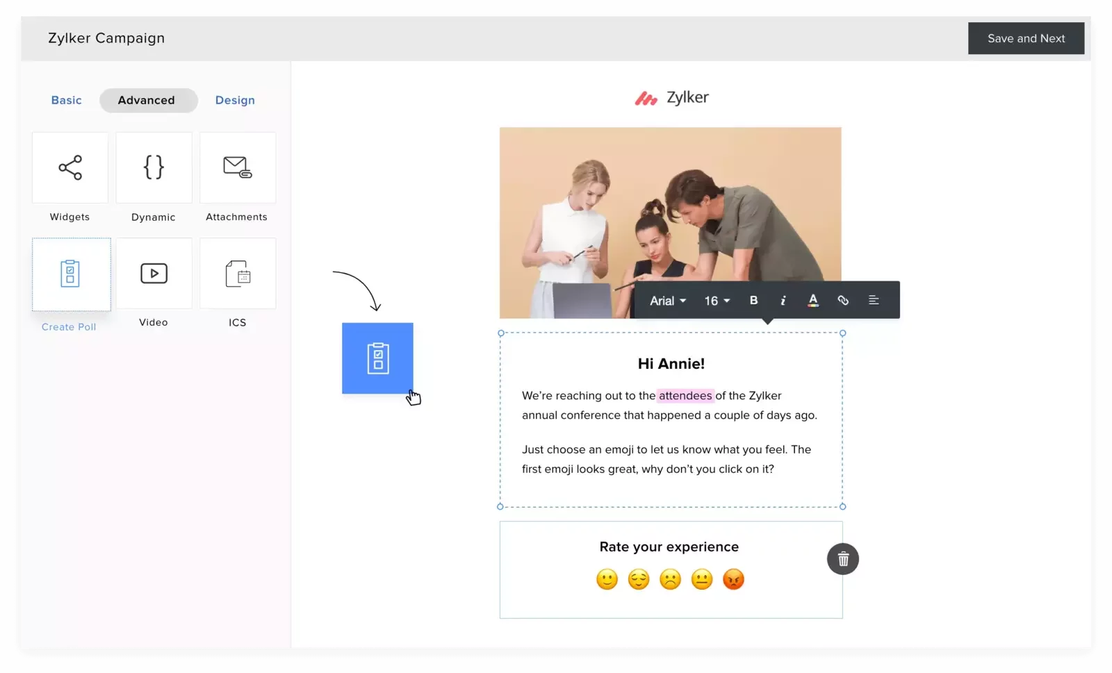 Screenshot of the Zoho Campaigns email editor: the “Advanced” tab on the left shows icons for Widgets, Dynamic content, Attachments, Create Poll, Video, and ICS. A “Create Poll” block is being dragged into the email layout on the right, where the template greets “Hi Annie!” and invites recipients to rate their experience using emoji reactions.