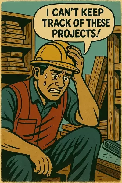 This image shows a cartoon-style construction worker sitting among wooden planks, sweating and holding his head in frustration, saying, “I can’t keep track of these projects!”