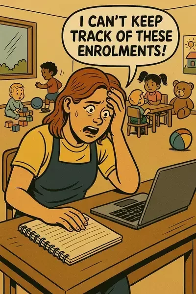 This image shows a stressed childcare worker sitting at a desk with a notebook and laptop, overwhelmed by enrolment tracking while children play in the background.