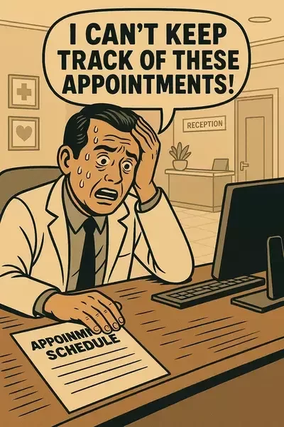 This image shows a stressed clinic professional sweating over an appointment schedule at a desk, saying “I can’t keep track of these appointments!”