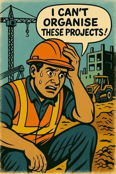 Frustrated construction worker on-site saying, "I CAN’T ORGANISE THESE PROJECTS!" with cranes and a building in the background.