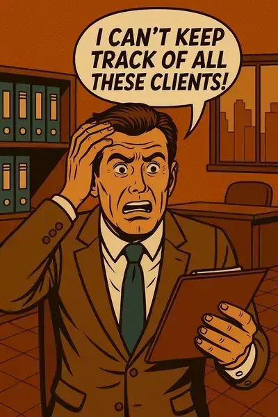This image shows a comic book-style illustration of a stressed consultant in an office holding a tablet, with a speech bubble that says, "I can't keep track of all these clients!"