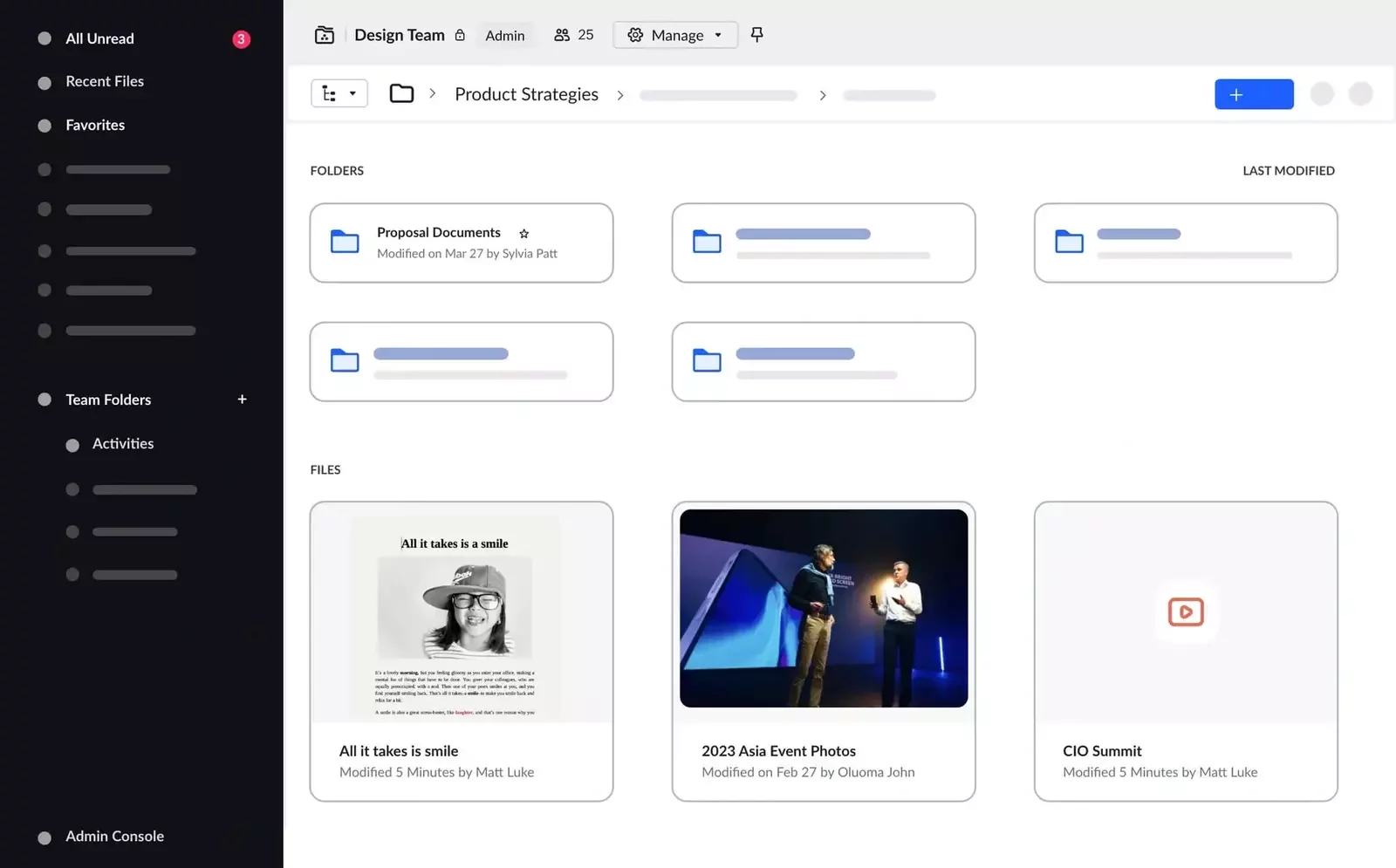This image shows a team document management interface with folders and files for a design team project. It includes shared folders, recent file activity, and visual previews for easy navigation.