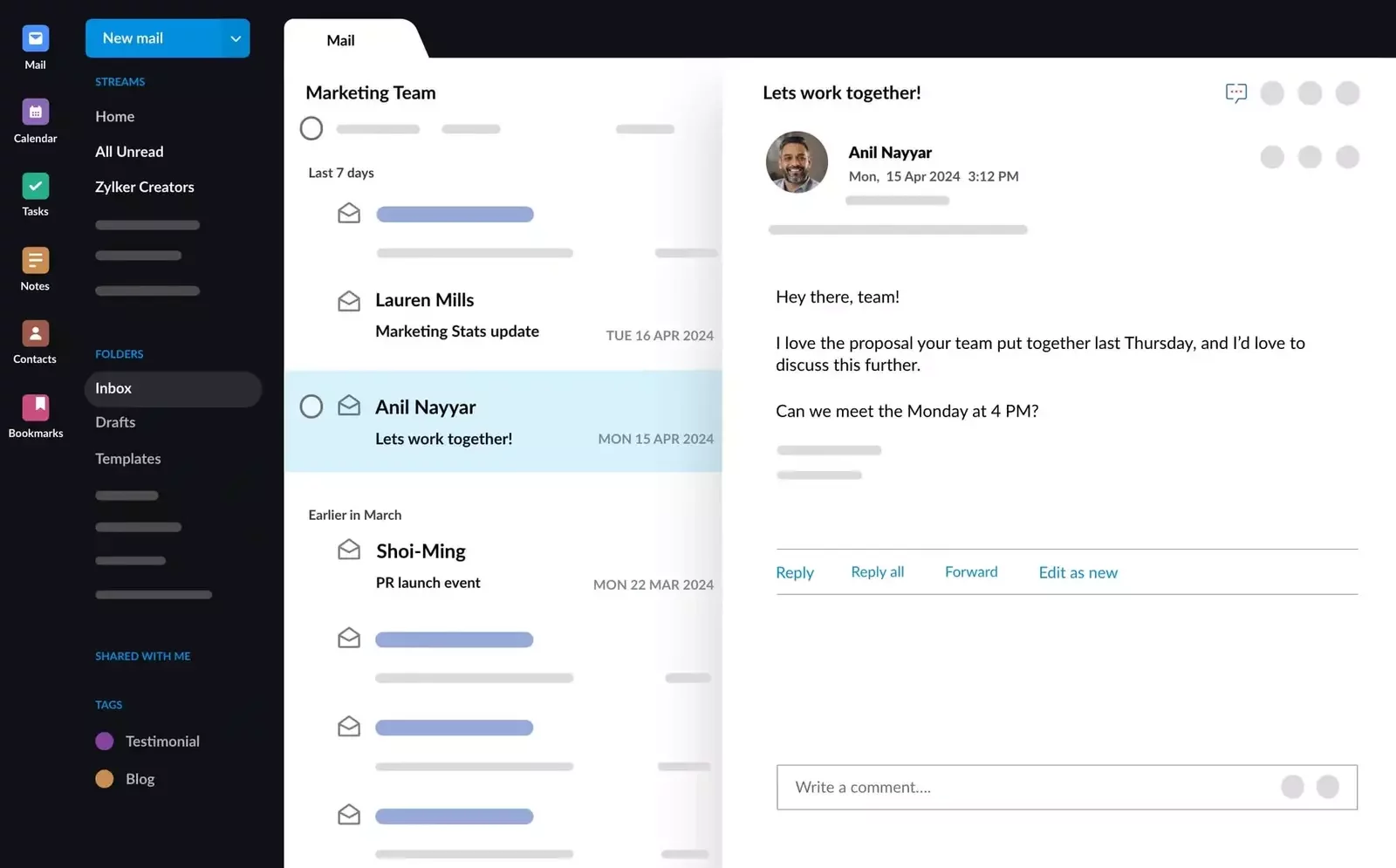 This image shows an email interface with a selected message thread, inbox folders, and navigation options for mail, tasks, notes, and contacts.