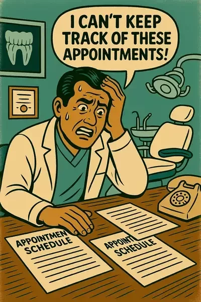 This image shows a cartoon-style dentist in a clinic, sweating and distressed while looking at multiple appointment schedules, saying, “I can’t keep track of these appointments!”