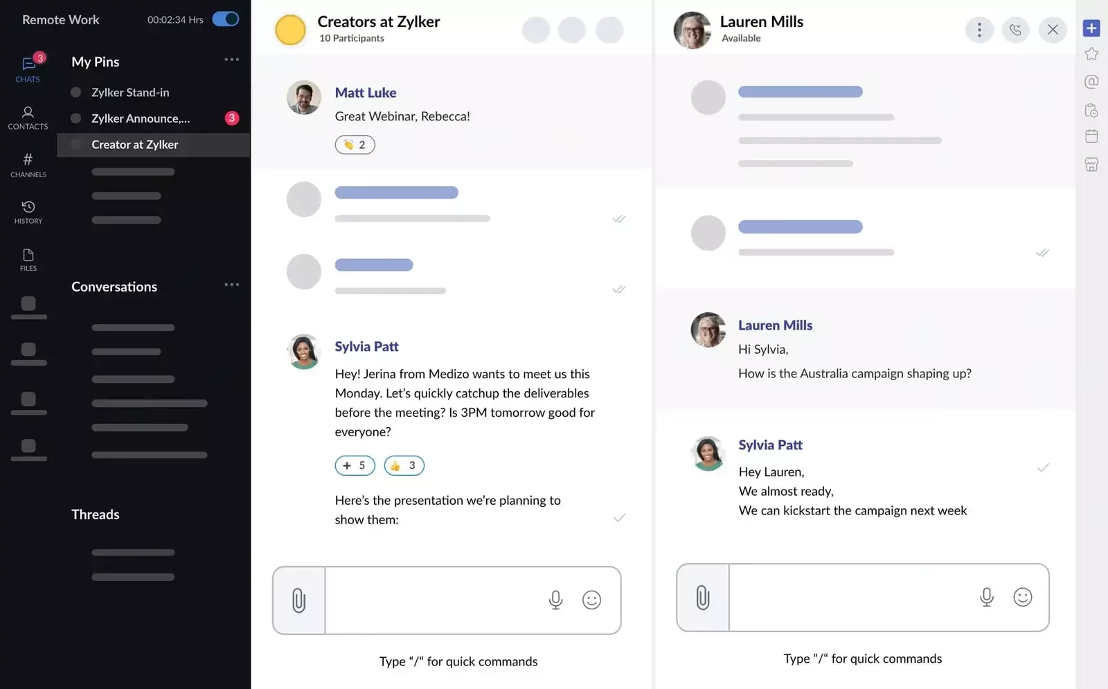 This image shows a split-screen chat interface with group and individual conversations. Users are discussing project timelines and sharing attachments using a team communication platform.