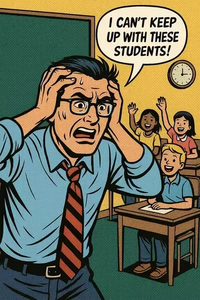This image shows a comic-style illustration of a stressed teacher in a classroom, holding his head while students enthusiastically raise their hands. A speech bubble reads, "I CAN'T KEEP UP WITH THESE STUDENTS!"