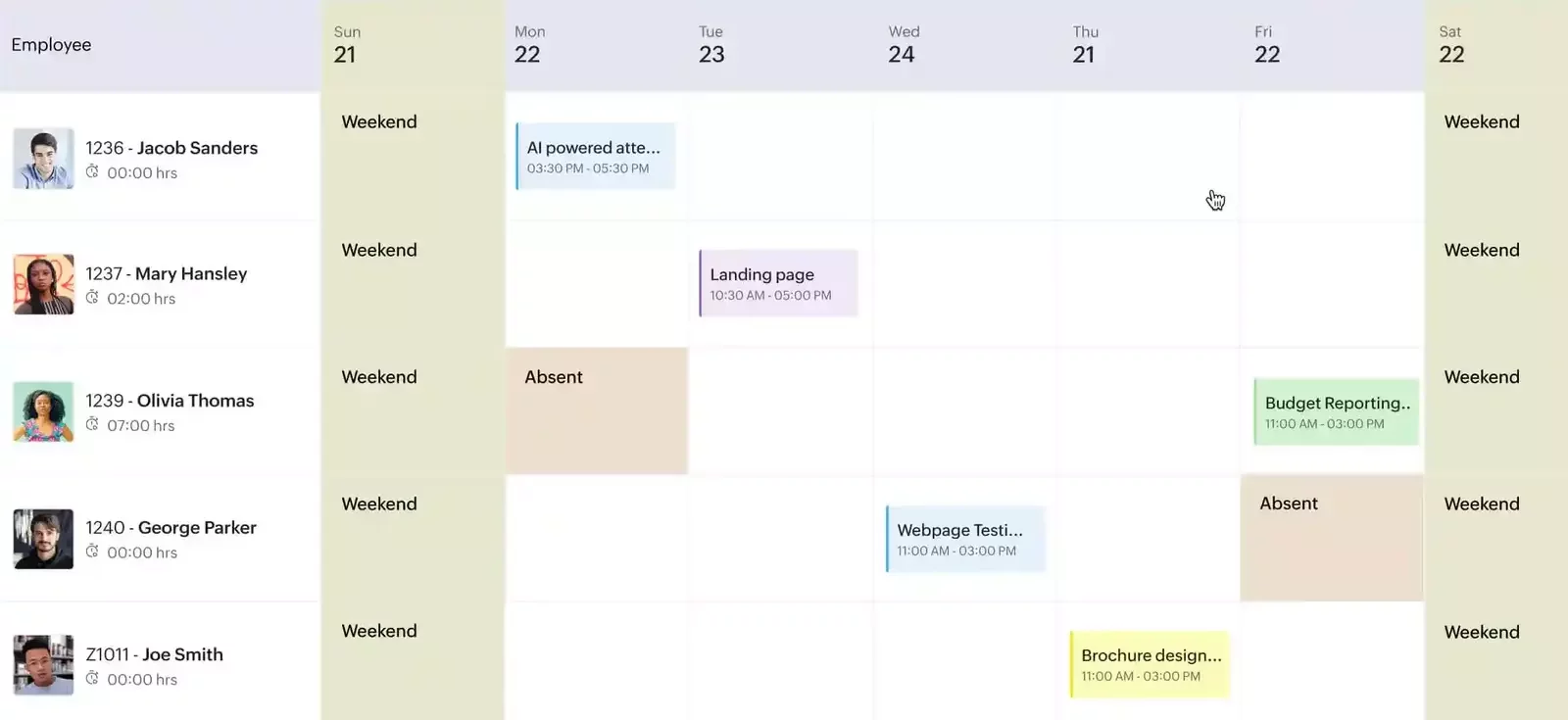 Calendar view of employee schedules and hours worked in Zoho People, helping construction managers monitor attendance and plan workloads across the week.