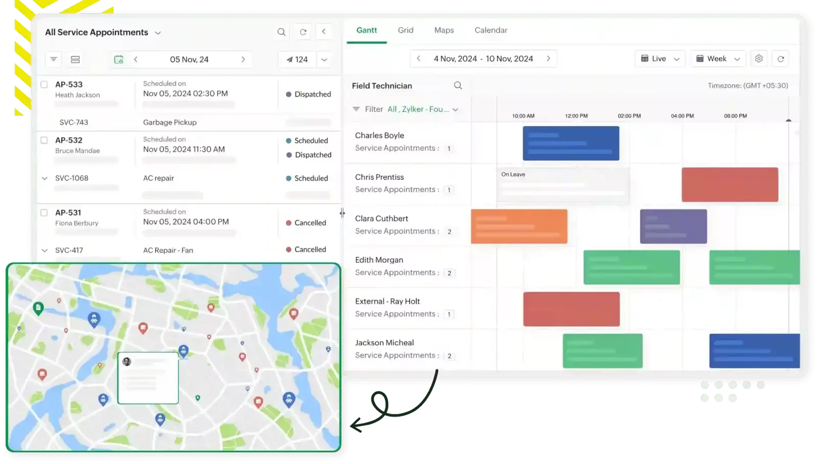 Gantt schedule of service appointments per technician with an inset map showing service locations.