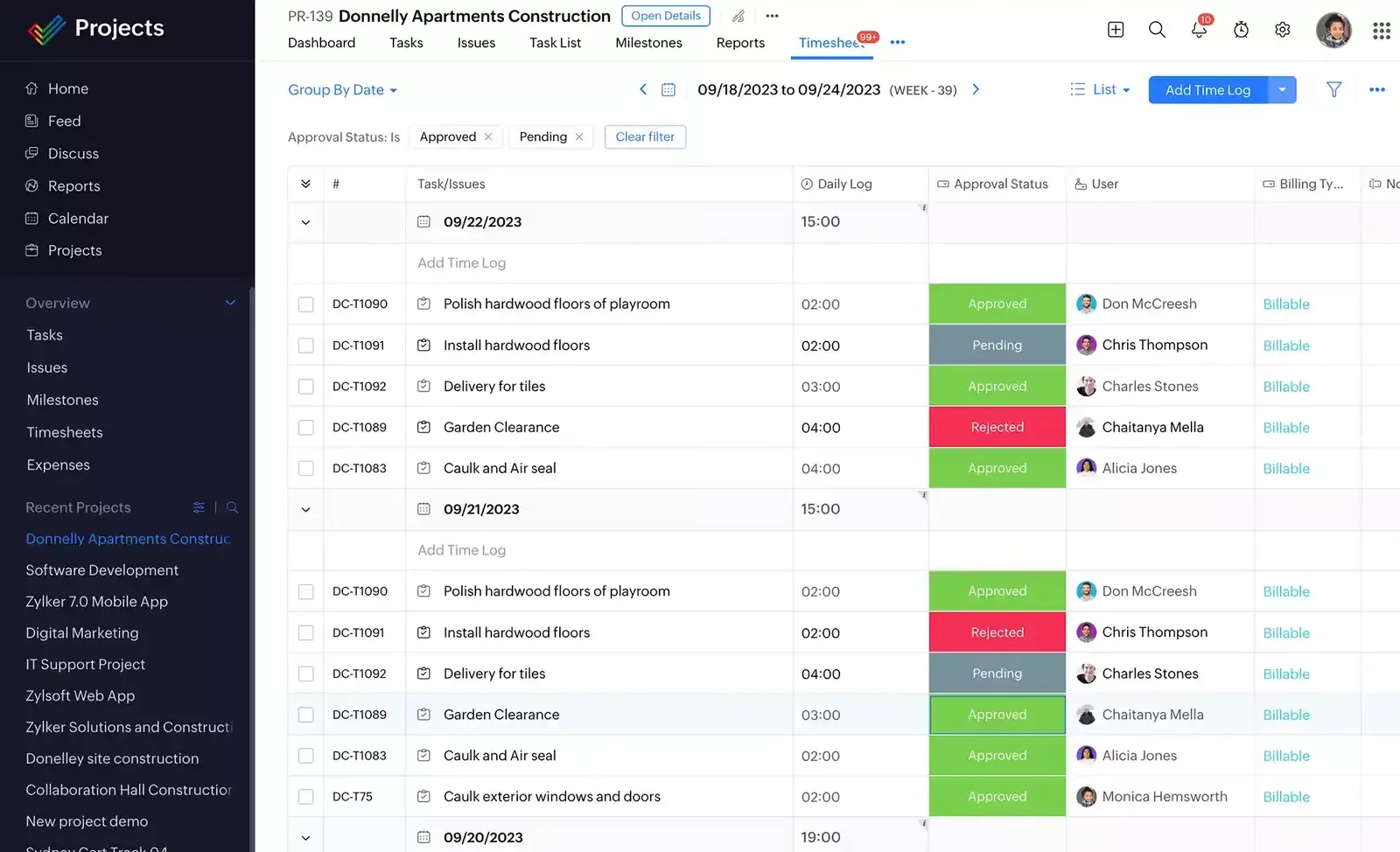 Zoho Projects timesheet view for a construction project, showing logged hours, task descriptions, approval statuses, assigned users, and billing types.