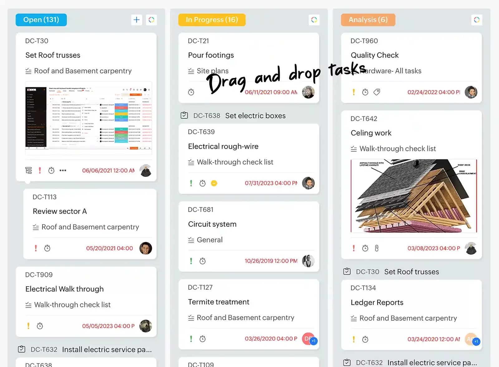 Zoho Projects Kanban board displaying construction tasks sorted by status columns such as Open, In Progress, and Analysis, with drag-and-drop functionality.