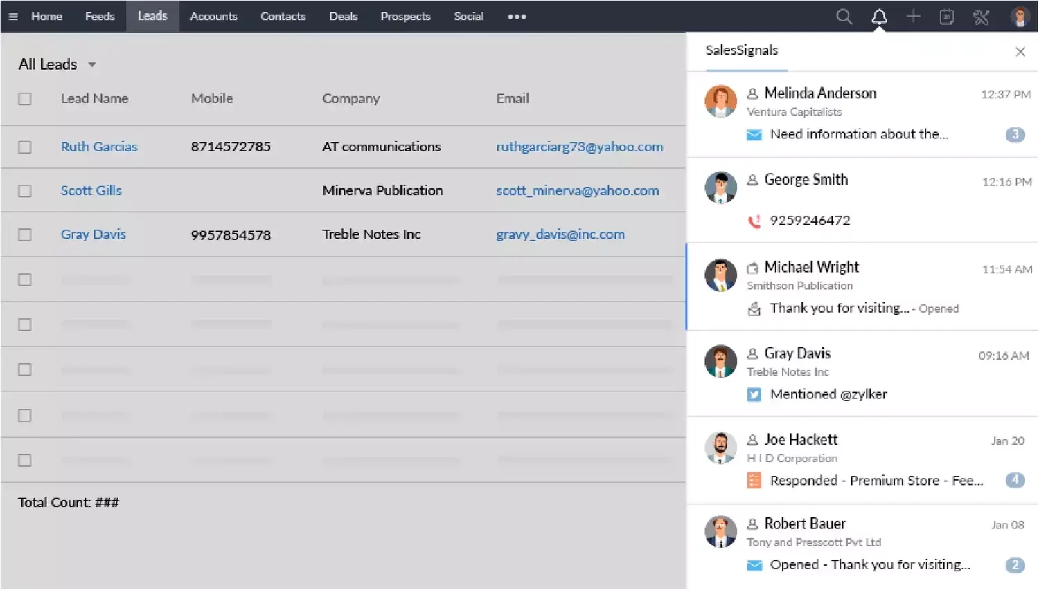 Zoho CRM leads module with a SalesSignals sidebar showing recent lead activity, including email opens, mentions, and responses.