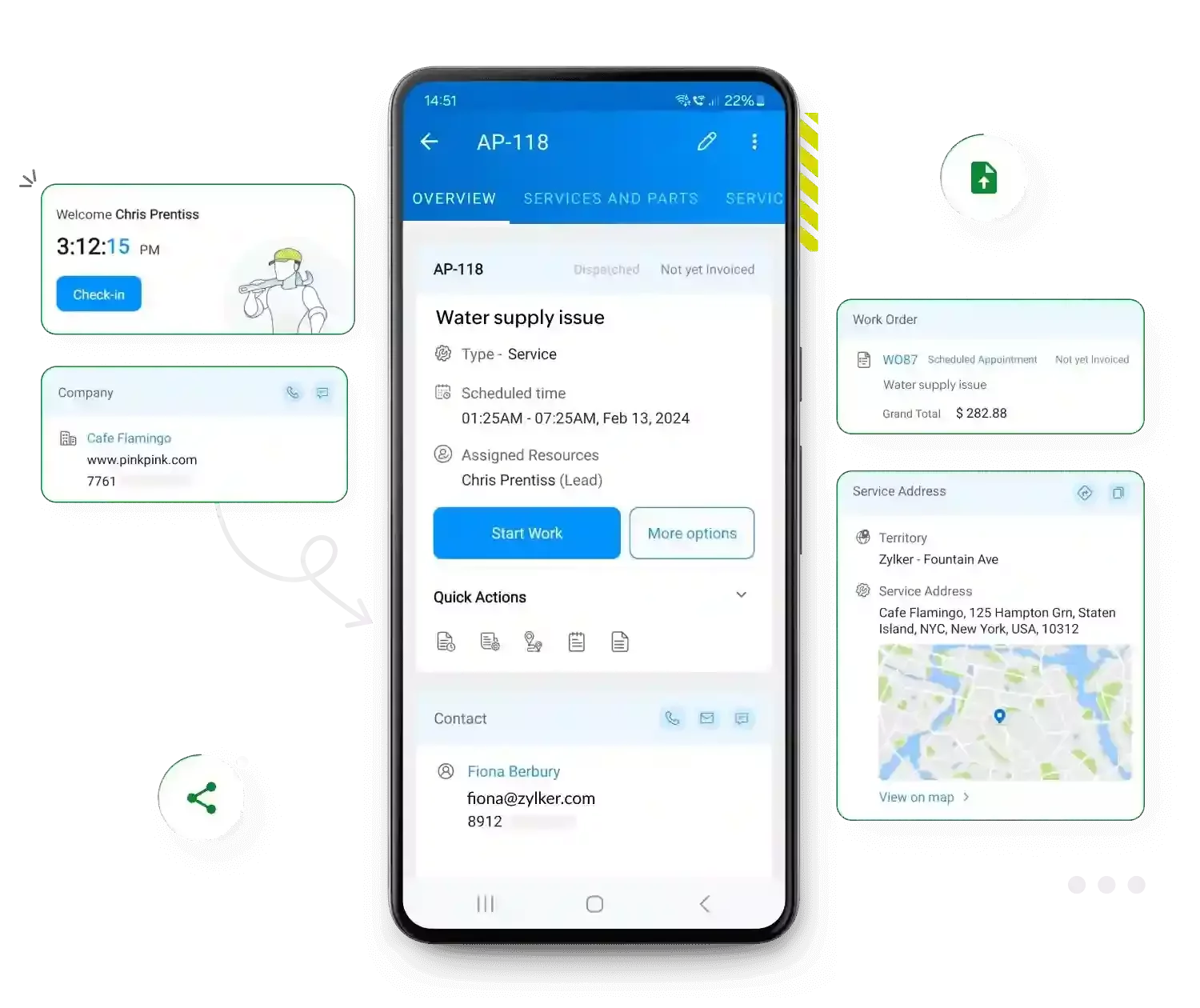 Mobile screen showing a Zoho FSM work order for “Water supply issue” with schedule, technician, and quick action icons, surrounded by widgets for check-in, company info, work order summary, service address map, and a share icon.