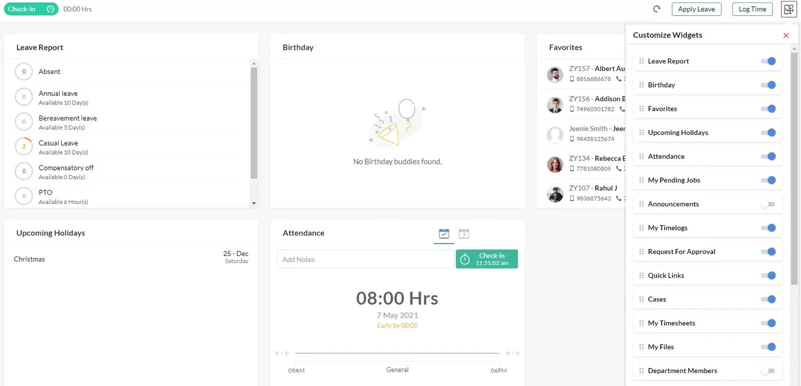 Zoho People dashboard showing widgets for attendance, leave, holidays, and HR task management.