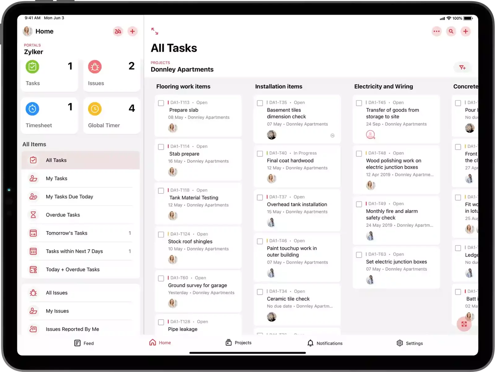 Zoho Projects mobile dashboard on a tablet showing construction tasks by category, user assignments, and due dates for the Donnelly Apartments project.