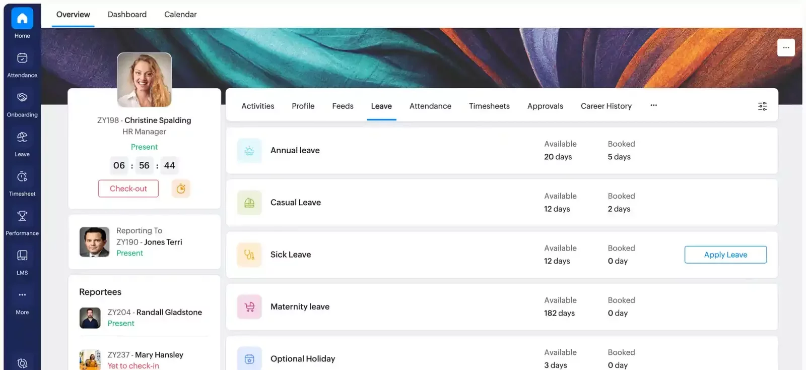 Zoho People dashboard showing employee check-in, leave balances, and reporting structure, helping construction teams track attendance and manage leave efficiently.