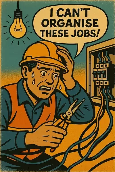 This image shows a cartoon-style electrician sweating and panicked in front of a messy electrical panel, saying, “I can’t organise these jobs!”