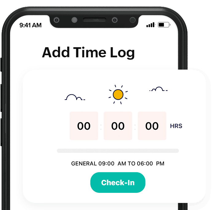 Mobile time log interface in Zoho People showing a check-in button and daily work hours, ideal for construction teams tracking site attendance on the go.