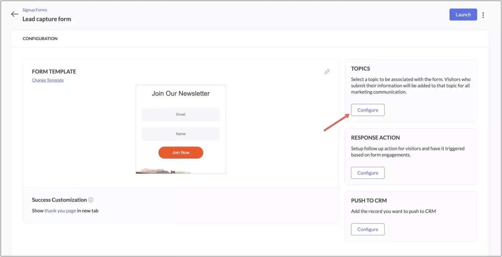 This image shows a Zoho Marketing Automation lead capture form setup screen with configuration options for topics, response actions, and CRM integration. A sample form titled "Join Our Newsletter" is displayed with fields for email and name.