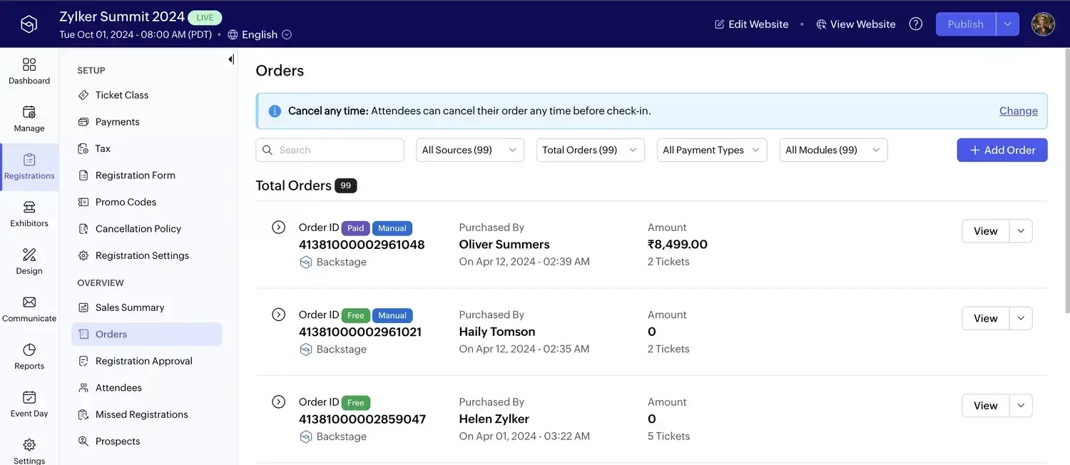The image displays the Zoho Backstage registration management dashboard, showing total event orders, ticket types, attendee details, payment status, and order tracking options for an event titled "Zylker Summit 2024."