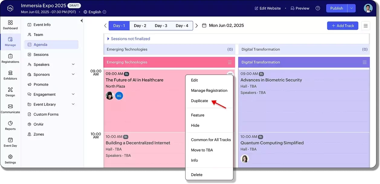 The image shows the agenda management view in Zoho Backstage, where an event planner is managing sessions and using the dropdown menu to edit, duplicate, or adjust registration for a scheduled event session.