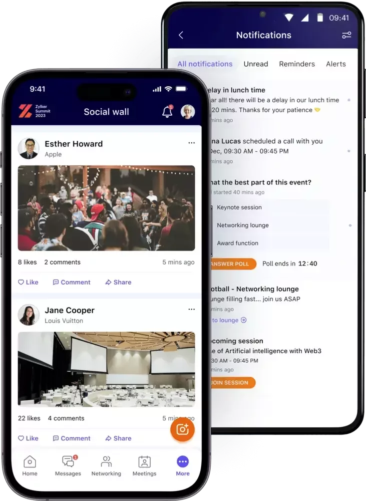 Two smartphones display the Zoho Backstage mobile app, showcasing a social wall with event posts and a notifications screen with session updates, polls, and reminders for event attendees.