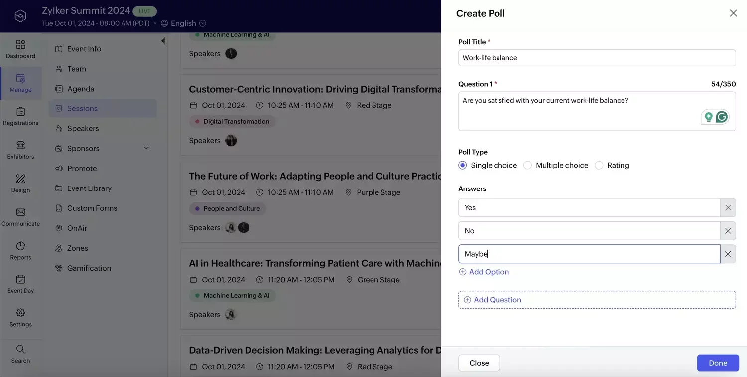 The image shows a Zoho Backstage interface for creating a live event poll, including fields for the poll title, question, poll type, and answer options like Yes, No, and Maybe.