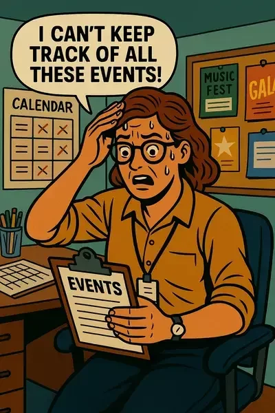 This image shows a comic-style illustration of a stressed event planner in an office, holding a clipboard labeled "Events" and saying, "I can't keep track of all these events!" with a calendar and posters in the background.