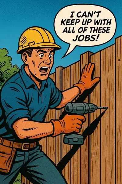 This image shows a classic comic book style illustration of a fencer wearing a yellow hard hat and orange gloves, holding a drill and working on a wooden fence, with a speech bubble that reads "I can't keep up with all of these jobs!"