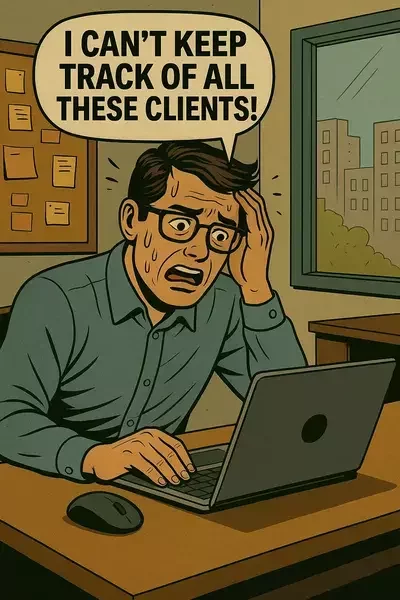 This image shows a comic book-style illustration of a stressed freelancer at a desk, sweating while looking at a laptop, with a speech bubble that says, "I can't keep track of all these clients!"