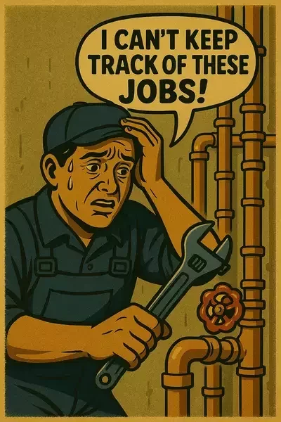 Comic-style illustration of a stressed plumber at a desk with pipes behind him, glancing at a computer flowchart and notebook, saying “I CAN’T KEEP TRACK OF THESE JOBS!”