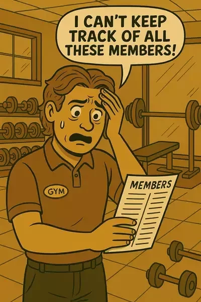 This image shows a stressed gym employee holding a "MEMBERS" sheet and saying, "I can't keep track of all these members!" in a gym setting with weights in the background.