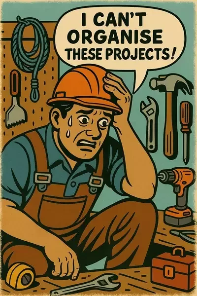 This image shows a cartoon-style tradesperson in overalls and a hard hat, sweating and crouching in a workshop surrounded by tools, saying, “I can’t organise these projects!”