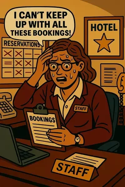 Hotel staff member overwhelmed by a surge in bookings, holding a clipboard in a busy office with a reservations calendar and hotel signage in the background.