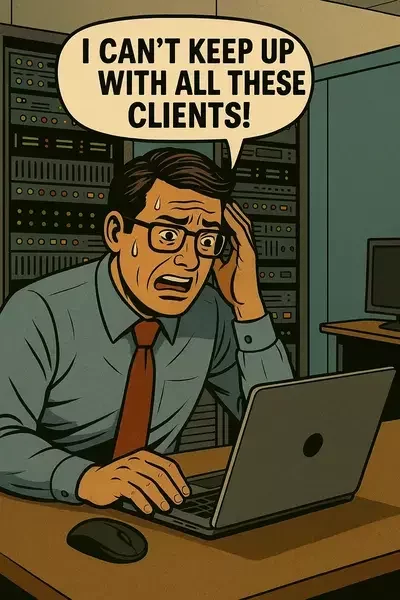 This image shows a stressed IT professional in a server room, sweating while using a laptop. A speech bubble reads, "I can't keep up with all these clients!"