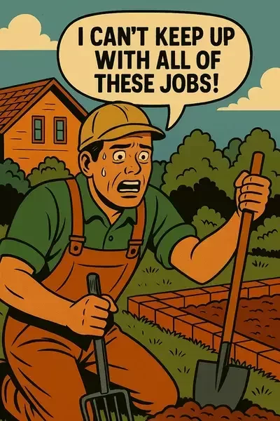 This image shows a comic-style illustration of a stressed landscaper kneeling in a garden with tools, saying, "I can't keep up with all of these jobs!"